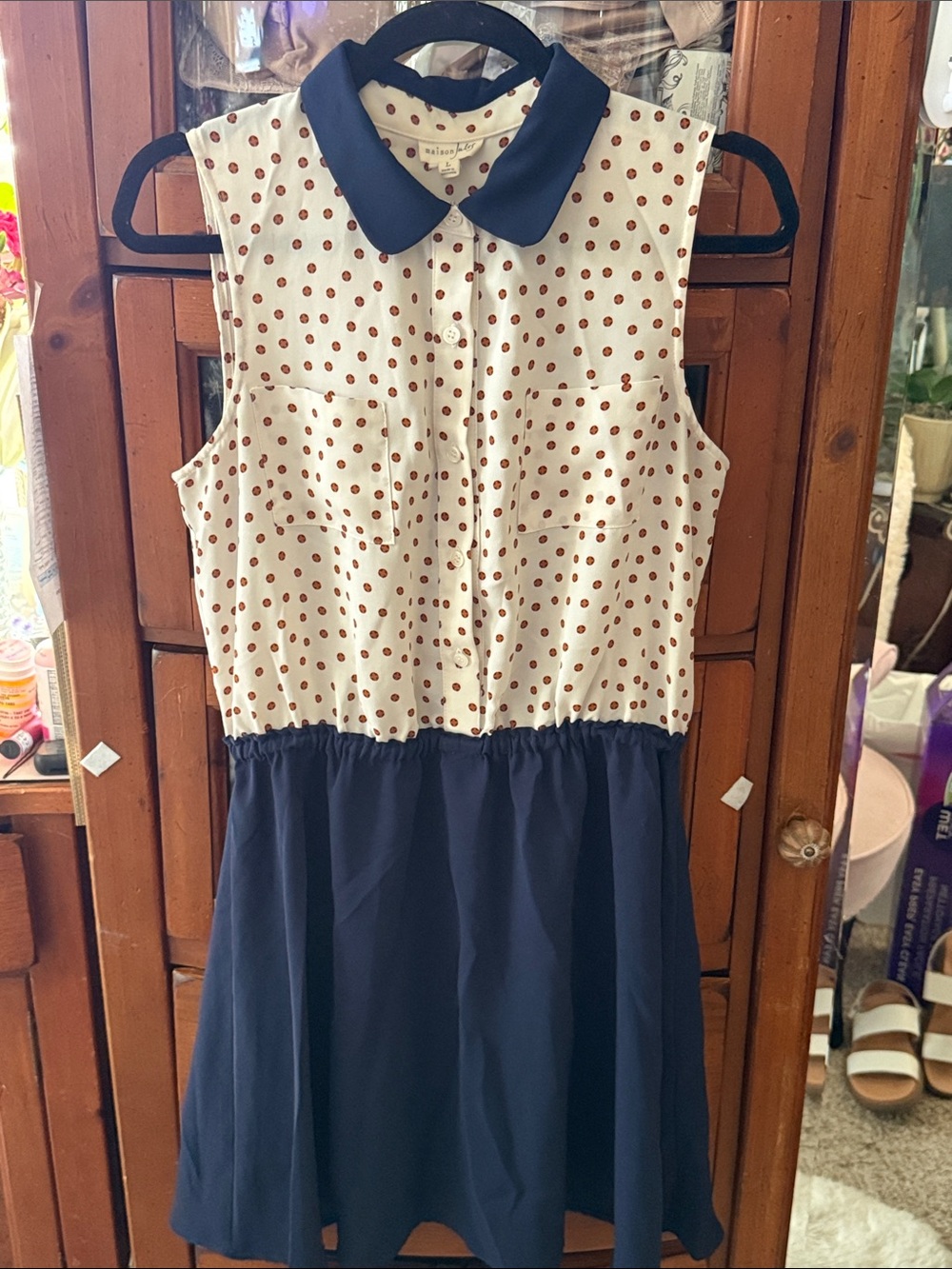 Women's Navy & White Polka Dot Sleeveless Dress with Peter Pan Collar